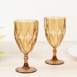 12 Pack Diamond Cut Vintage Plastic Wine Goblets – Amber Gold 11oz Embossed Reusable Drink & Cocktail Glasses